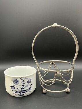 Vintage House of Prill “Blue Onion” Porcelain Condiment Bowl with Metal Stand